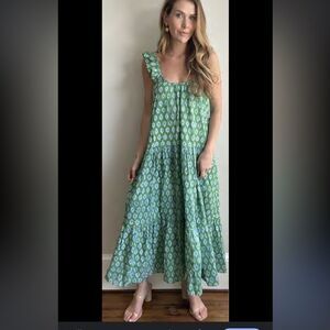 Anna Cate Celia green maxi dress 100% cotton small s ruffle sleeveless